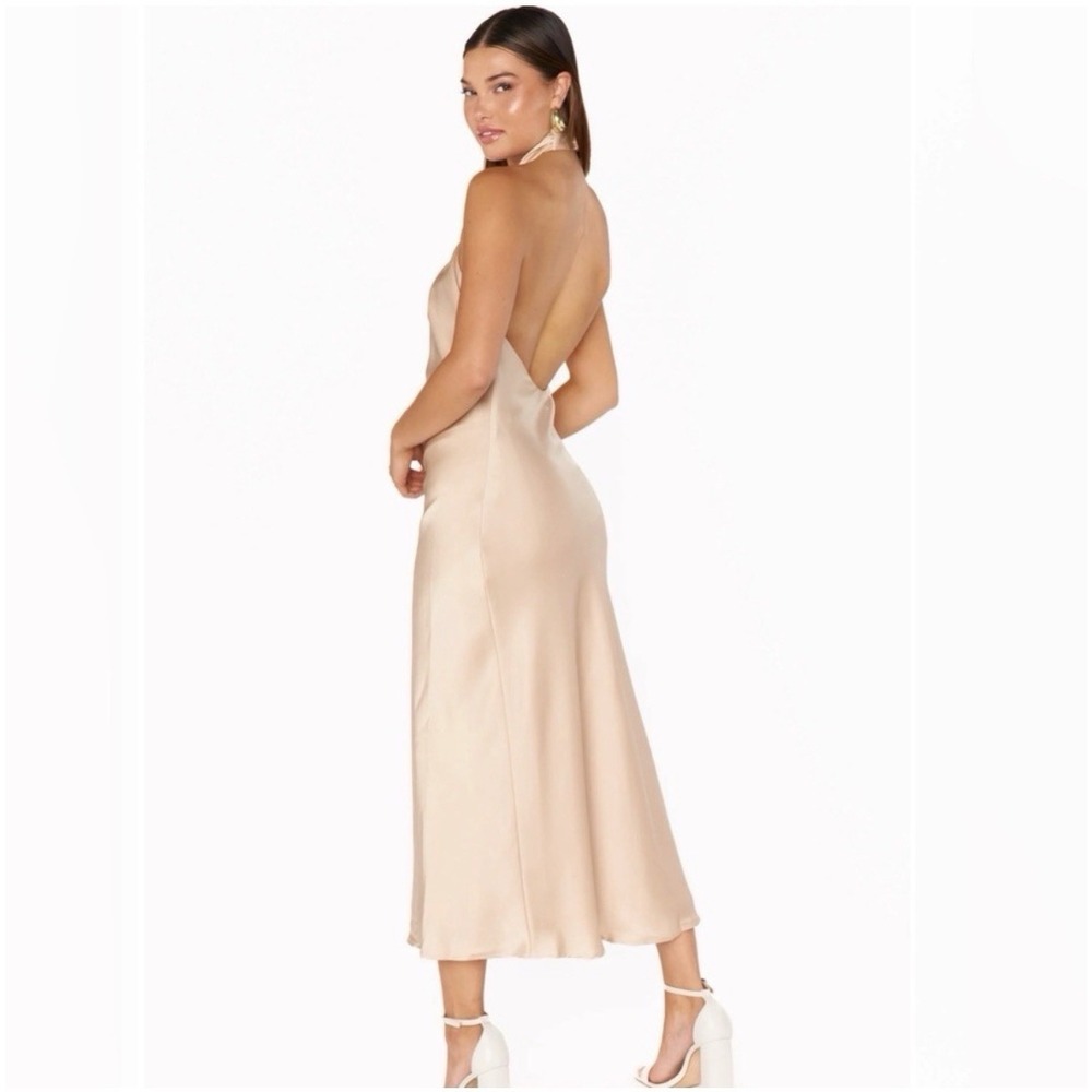 Show Me Your MuMu Satin Jasmine Halter MIDI Dress In Champagne Size S - Picture 3 of 9